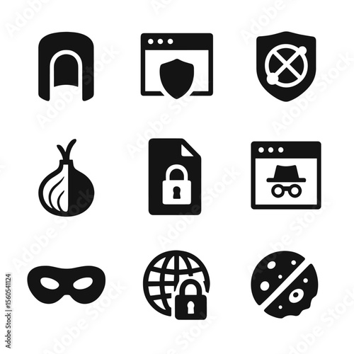 Internet Privacy Icons. Solid, filled icon set of internet privacy tools: VPN tunnel, private browser, tracker shield, onion