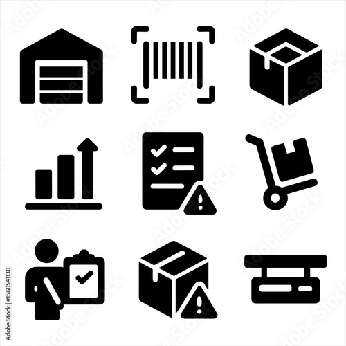 Inventory Icons Grid. Solid, filled icon set of inventory controlling: warehouse icon, barcode scan, product box, stock level,