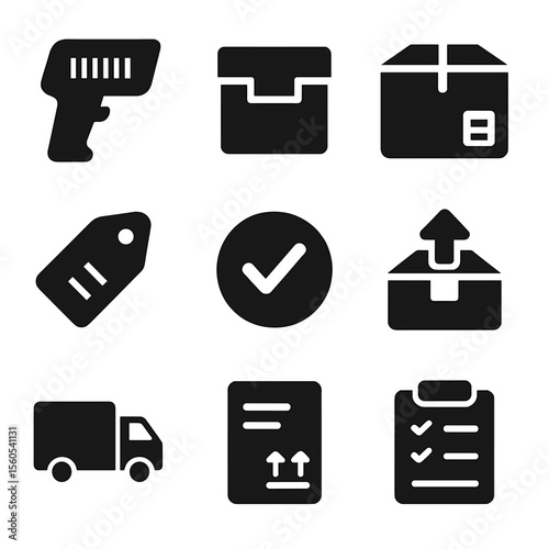 Inventory Management Icons. Solid, filled icon set of product and inventory management: barcode scanner, warehouse box, delivery