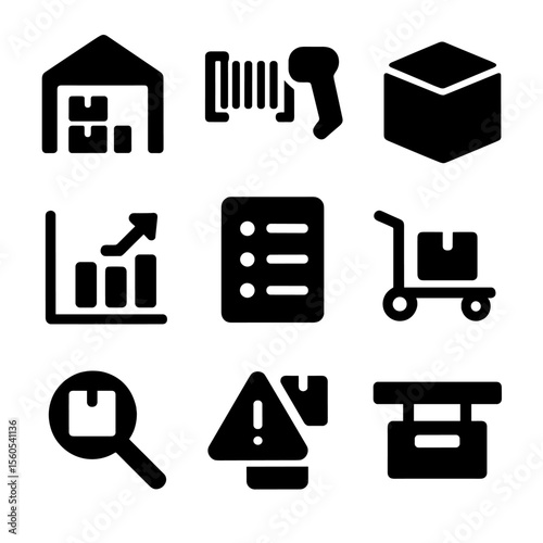 Inventory Icons Grid. Solid, filled icon set of inventory controlling: warehouse icon, barcode scan, product box, stock level,