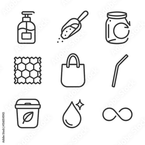 Zero-Waste Icon Set. Outline icon set of zero-waste household product labels: refill station bottle, bulk shop scoop, glass jar