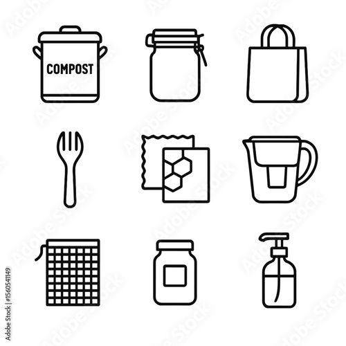 Zero-Waste Kitchen Icons. Outline icon set of zero-waste kitchen essentials: compost bin, glass storage jar, reusable cloth bag,