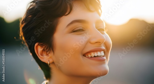 Radiant woman with short hair, basking in golden sunlight, smiles joyfully, expressing pure happiness and serenity. A moment of carefree bliss captured in warm light.