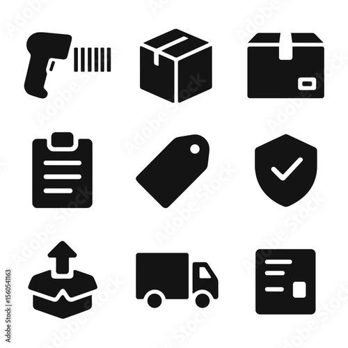 Inventory Management Icons. Solid, filled icon set of product and inventory management: barcode scanner, warehouse box, delivery
