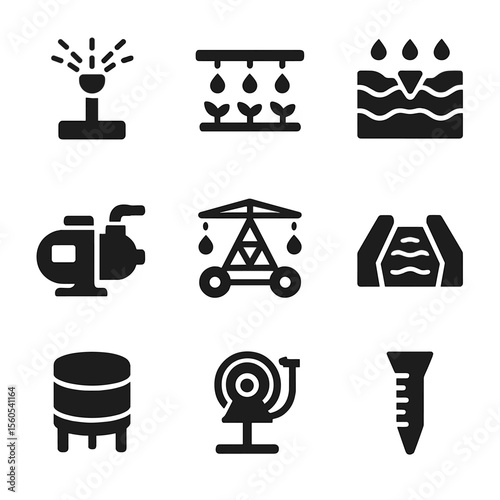 Irrigation Methods Icons. Solid, filled icon set of irrigation methods: sprinkler, drip line, center pivot, furrow irrigation,