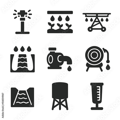 Irrigation Methods Icons. Solid, filled icon set of irrigation methods: sprinkler, drip line, center pivot, furrow irrigation,