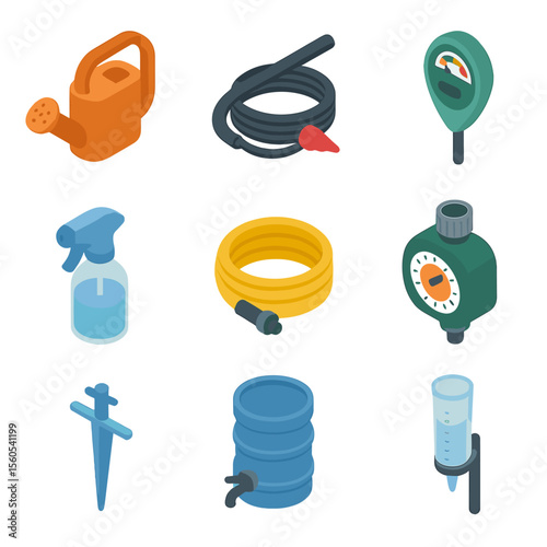 Irrigation Tools Icons. Isometric Flat icon set of watering and irrigation tools: watering can, drip irrigation tube, moisture