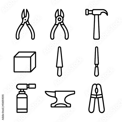 Jewelry Tool Icons. Outline icon set of jewelry making tools: pliers, wire cutter, hammer, bench block, mandrel, file, soldering