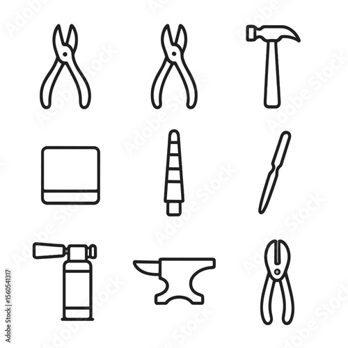Jewelry Tool Icons. Outline icon set of jewelry making tools: pliers, wire cutter, hammer, bench block, mandrel, file, soldering