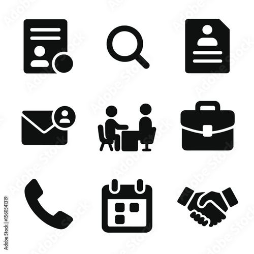 Job Search Icons. Solid, filled icon set of job search process: job listing, search magnifier, application form, email