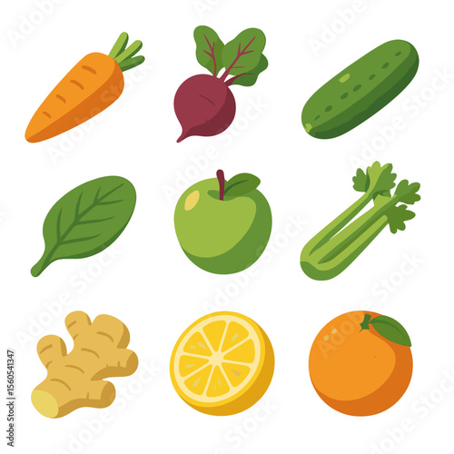 Juice Ingredients Grid. Isometric Flat icon set of juicing ingredients: carrot, beetroot, cucumber, spinach leaf, apple, celery