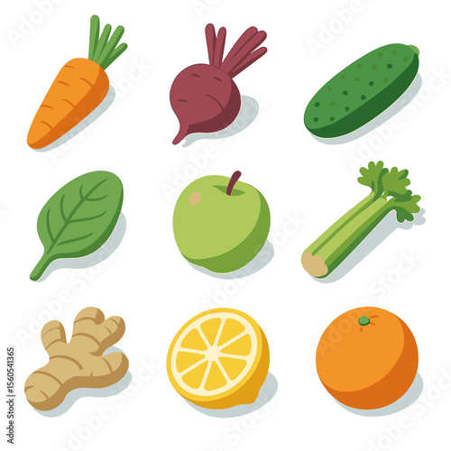 Juice Ingredients Grid. Isometric Flat icon set of juicing ingredients: carrot, beetroot, cucumber, spinach leaf, apple, celery