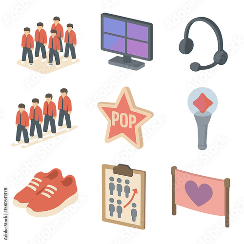 K-pop Dance Icon Set. Isometric Flat icon set of K-pop dance crew: K-pop dancer formation, LED screen background, microphone