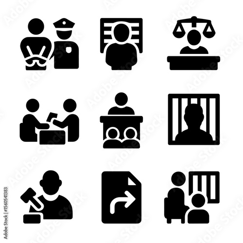 Justice Process Icons. Solid, filled icon set of criminal justice process: arrest, booking, arraignment, plea deal, trial,