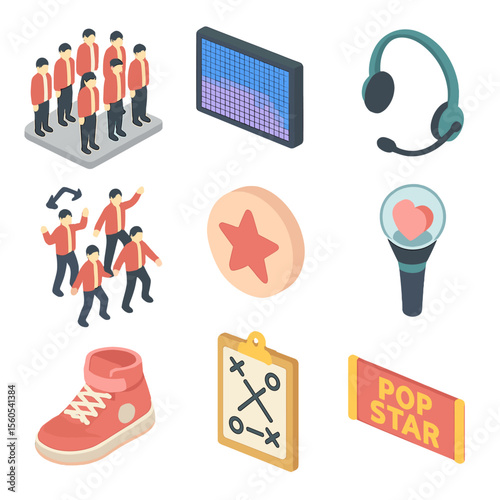 K-pop Dance Icon Set. Isometric Flat icon set of K-pop dance crew: K-pop dancer formation, LED screen background, microphone