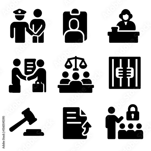 Justice Process Icons. Solid, filled icon set of criminal justice process: arrest, booking, arraignment, plea deal, trial,