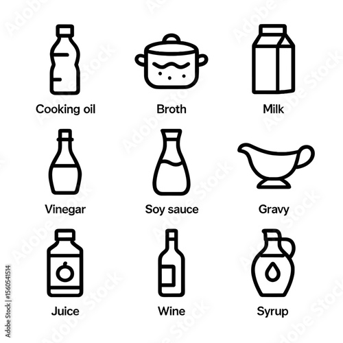 Kitchen Liquids Icons. Outline icon set of kitchen liquids: cooking oil, broth, milk, vinegar, soy sauce, gravy, juice, wine,