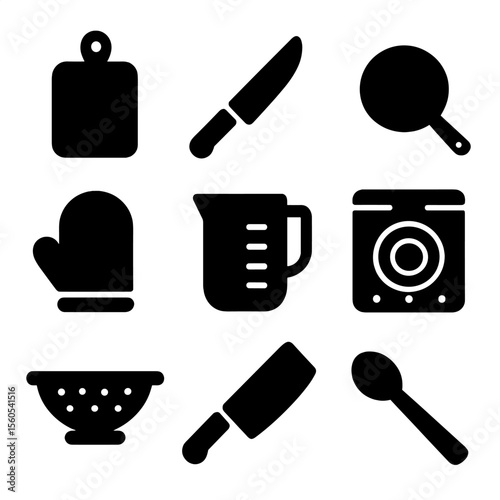 Kitchen Tools Icons. Solid, filled icon set of seasoning related kitchen items: cutting board, chef knife, skillet, oven mitt,