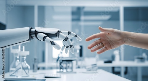 Human hand reaches towards a robotic hand in a futuristic lab setting, symbolizing technological advancement and human-AI collaboration.