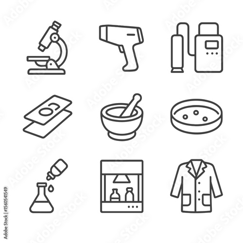 Lab Equipment Icons. Outline icon set of sample analysis lab equipment: microscope, XRF analyzer, mass spectrometer, thin section