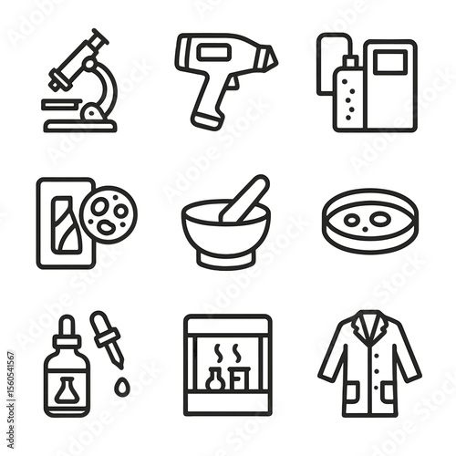 Lab Equipment Icons. Outline icon set of sample analysis lab equipment: microscope, XRF analyzer, mass spectrometer, thin section