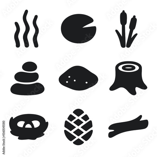 Lake Environment Icons. Solid, filled icon set of lake environment: algae, lily pad, cattail, stone, sand, tree stump, bird nest,