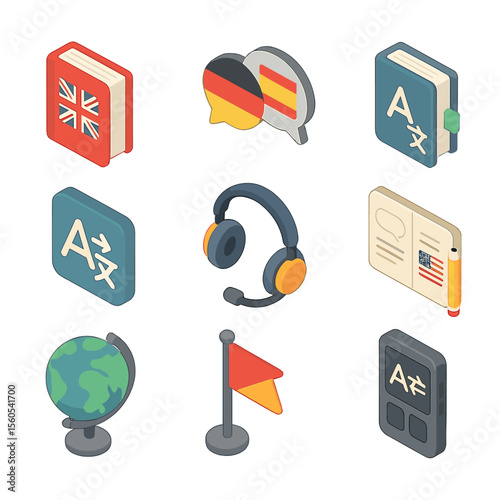 Language Icon Set. Isometric Flat icon set of language exchange practice: language textbook, speech bubble with flags, dictionary,