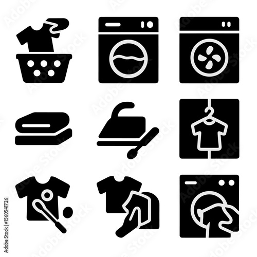 Laundry Process Icons. Solid, filled icon set of laundry workflow: sorting clothes, washing, drying, folding, ironing, storing,