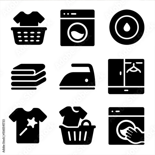 Laundry Process Icons. Solid, filled icon set of laundry workflow: sorting clothes, washing, drying, folding, ironing, storing,