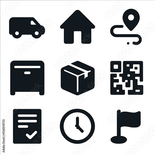 Last Mile Logistics Icons. Solid, filled icon set of last mile logistics: delivery van, house icon, route pin, drop-off box,