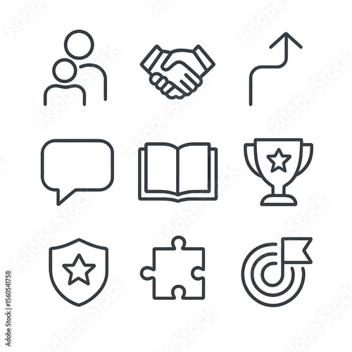 Leadership Icon Set. Outline icon set of leadership and mentorship programs: mentor figure, handshake, guidance arrow, speech