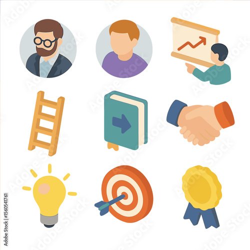Leadership Icon Set. Isometric Flat icon set of leadership and mentorship: mentor avatar, mentee avatar, pointing finger at board,