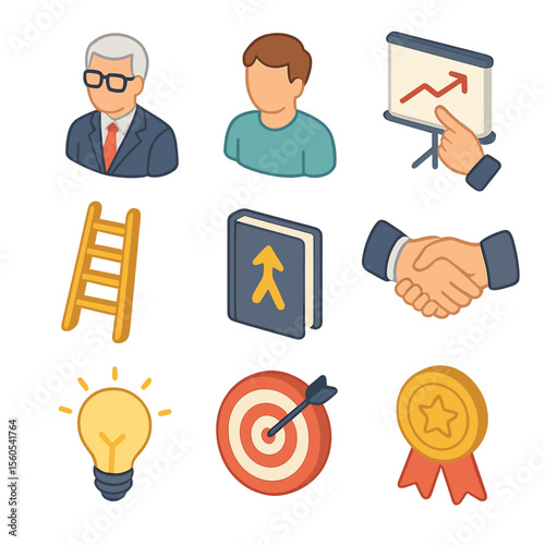 Leadership Icon Set. Isometric Flat icon set of leadership and mentorship: mentor avatar, mentee avatar, pointing finger at board,