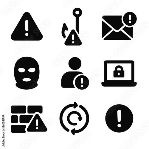Cybersecurity Alert Icons. Solid, filled icon set of cybersecurity awareness and alerts: warning triangle, phishing hook, email