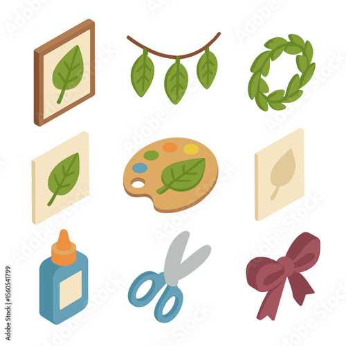 Leaf Craft Icons. Isometric Flat icon set of leaf crafts and decorations: pressed leaf art, leaf garland, leaf wreath, leaf