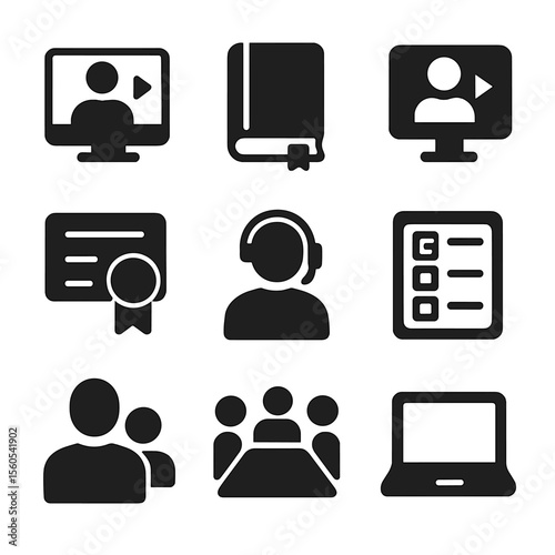Learning Icons Grid. Solid, filled icon set of learning and training: online course, book, video lecture, certificate, webinar,