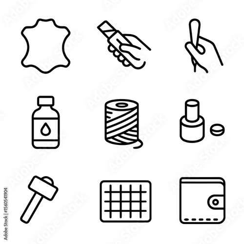 Leatherworking Icon Set. Outline icon set of hands leatherworking craft: leather hide, cutting knife, stitching awl, leather dye,