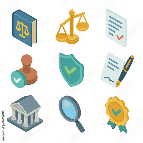 Legal Compliance Icons. Isometric Flat icon set of Regulation and Legal Compliance: law book, scales of justice, policy document,