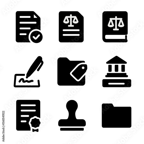 Legal Documentation Icons. Solid, filled icon set of legal documentation: contract, legal paper, law book, pen signing, evidence
