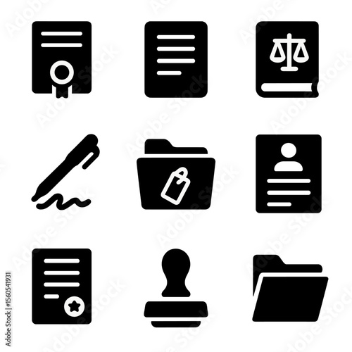Legal Documentation Icons. Solid, filled icon set of legal documentation: contract, legal paper, law book, pen signing, evidence