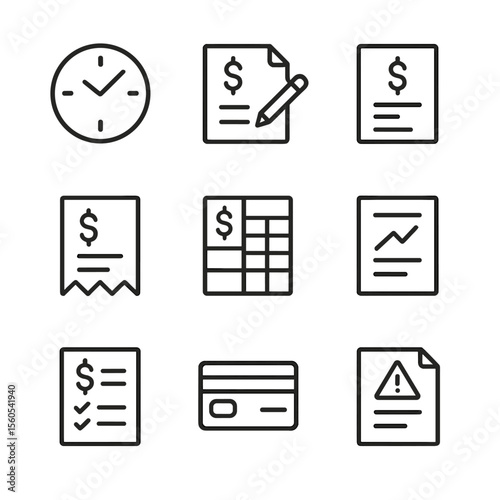 Legal Fees Icons. Outline icon set of Legal Fees and Billing: hourly rate clock, retainer agreement, billing invoice, payment