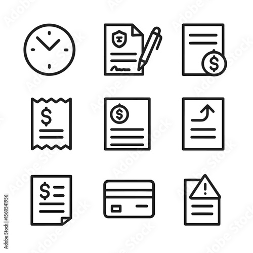 Legal Fees Icons. Outline icon set of Legal Fees and Billing: hourly rate clock, retainer agreement, billing invoice, payment