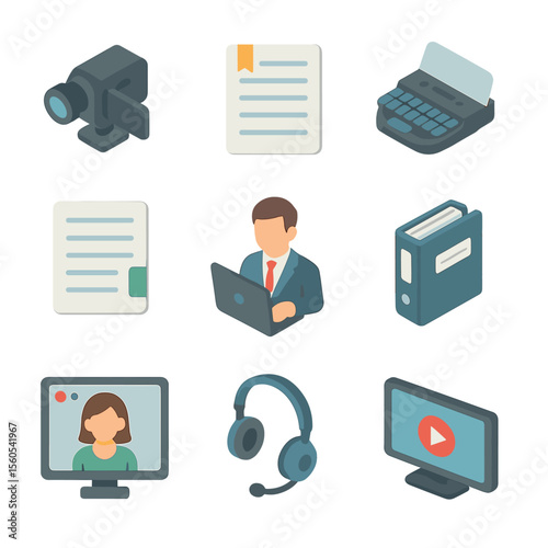 Legal Icons Grid. Isometric Flat icon set of Depositions and Transcripts: video camera, deposition transcript, court reporter