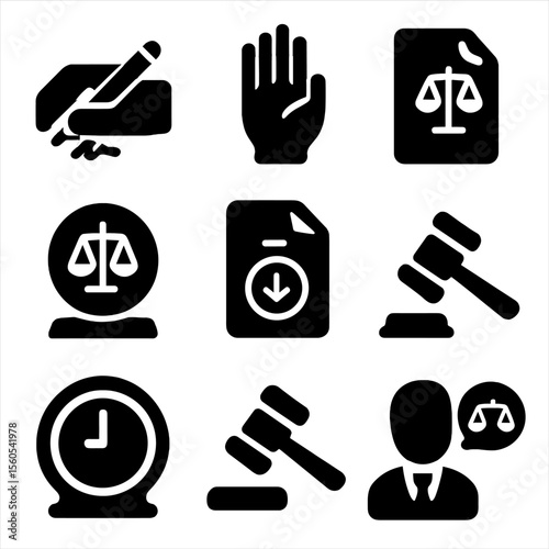 Legal Icons Grid. Solid, filled icon set of legal procedures: contract signing, objection hand, legal contract, verdict, appeals
