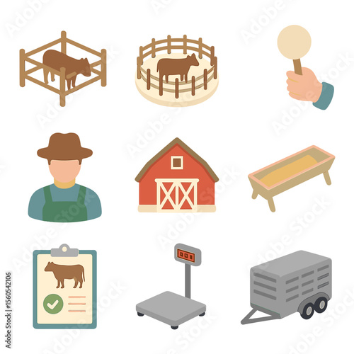 Livestock Auction Icons. Isometric Flat icon set of livestock and agricultural auctions: cattle pen, auction ring, bid card,