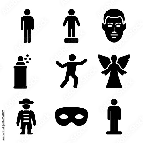 Living Statue Icons. Solid, filled icon set of living statue performers: still figure, pedestal, metallic face, spray paint can,