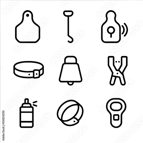 Livestock ID Icons. Outline icon set of livestock identification tools: ear tag, branding iron, RFID tag, collar, cowbell, tattoos