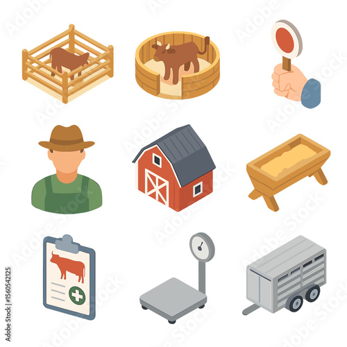 Livestock Auction Icons. Isometric Flat icon set of livestock and agricultural auctions: cattle pen, auction ring, bid card,