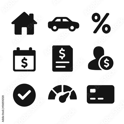 Loan Service Icons. Solid, filled icon set of loan and credit services: mortgage icon, auto loan, credit card, interest rate,