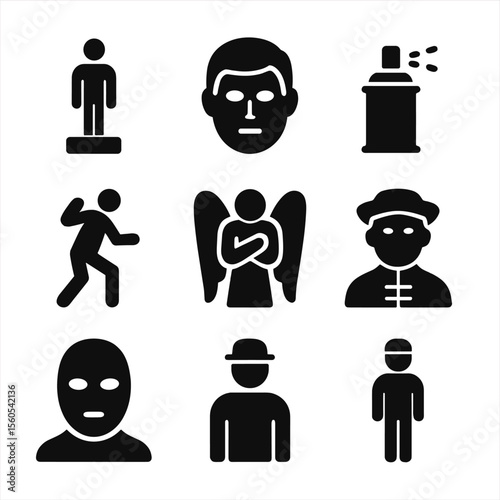 Living Statue Icons. Solid, filled icon set of living statue performers: still figure, pedestal, metallic face, spray paint can,